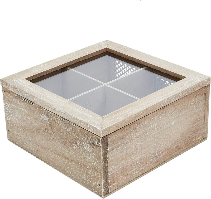 Wooden Box for Tea Bags Organizer, Cute Rustic 4-Compartment Container with Clear Lid (7 x 7 x 3 In)