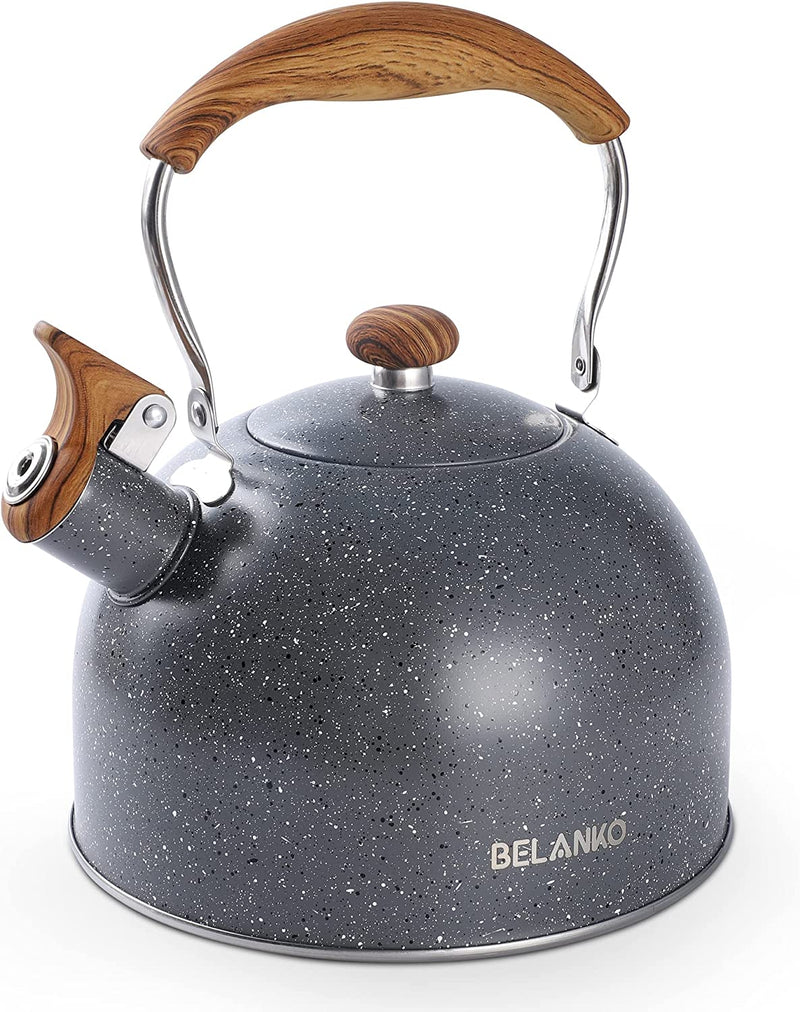 Tea Kettle, BELANKO 85 OZ / 2.5 Liter Whistling Tea Kettle Pots for Stove Top Food Grade Stainless Steel with Wood Pattern Folding Handle, Loud Whistle for Tea, Coffee, Milk - Milk White