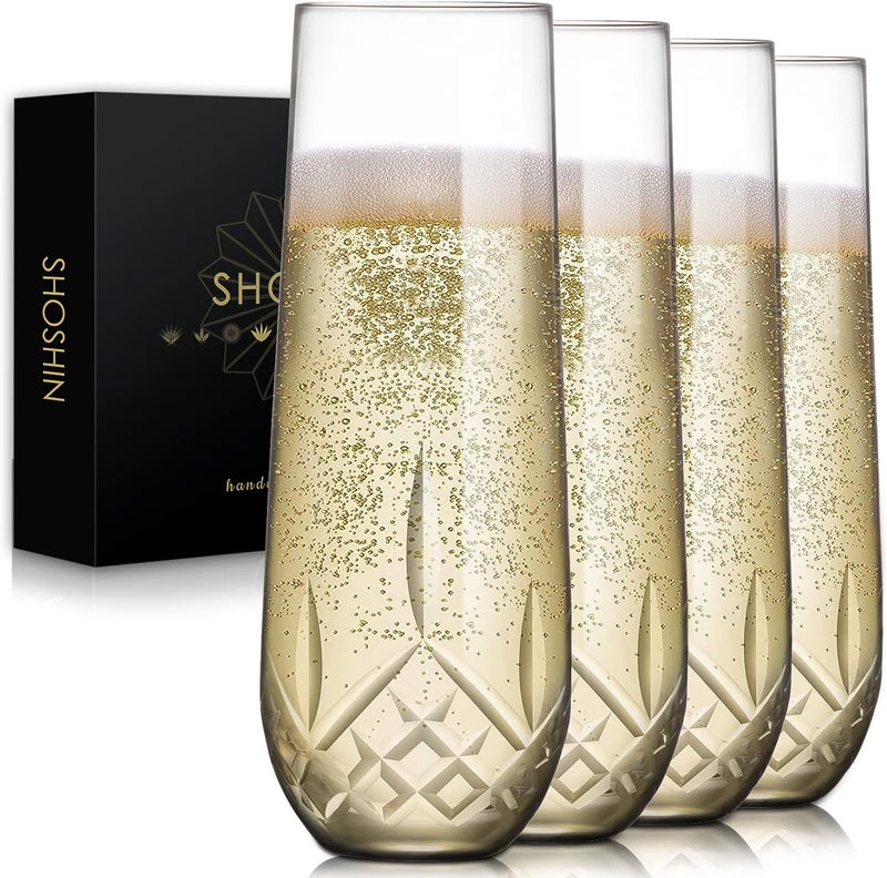 SHOSHIN Stemless Champagne Flutes, Hand Made, Set of 4, Toasting champagne glasses, Wedding Party Cocktail Cups, Wine Flute, Mimosa Glasses Set, Water Glasses, Highball Glass, 9.5oz