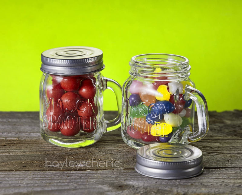 Hayley Cherie® - Mason Jar Shot Glasses with Leak Proof Lids (Set of 8) - Mini Mason Shooter Glass with Handles - 2 Ounces - For Drinks, Favors, Desserts, Parties, Gifts