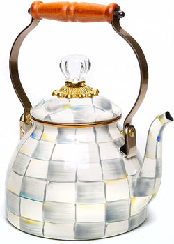 MacKenzie-Childs Sterling Check Enamel Tea Kettle, Decorative Tea Kettle, 2-Quart Capacity