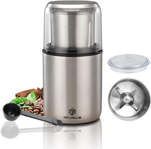 DR MILLS DM-7452 Electric Coffee Grinder,Spice Grinder Electric and chopper,detachable cup,Grinder diswash free, Blade & cup made with SUS304 stianlees steel