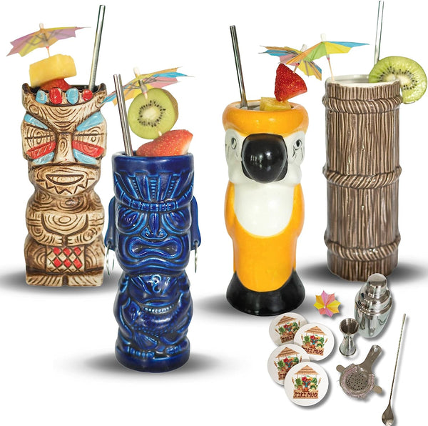 Set of 4 Tiki Mugs, Barware Tool Set Includes Cocktail Shaker, Jigger, Howthorne Strainer, Mixing Spoon, Drink Umbrellas, 4 Tiki Coasters, 4 Metal Straws