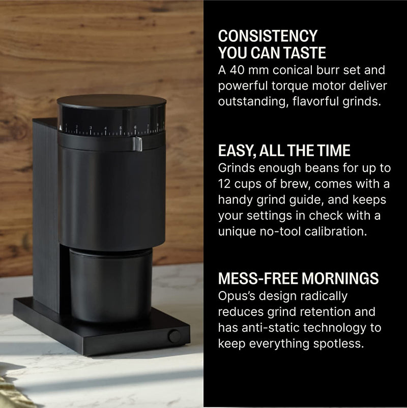 Fellow Opus Conical Burr Coffee Grinder - All Purpose Electric - Espresso Grinder with 41 Settings for Drip, French Press, & Cold Brew - Matte Black