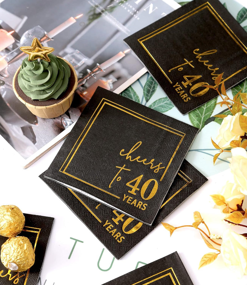 Cheers to 40 Years Cocktail Napkins - 50PK - 3-Ply 40th Birthday Napkins 5x5 Inches Disposable Party Napkins Paper Beverage Napkins for 40th Birthday Decorations Wedding Anniversary Black and Gold