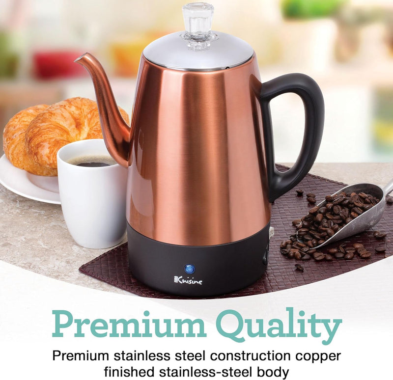 Euro Cuisine PER08 Electric Percolator Coffee Pot - 8 Cup Stainless Steel Coffee Pot Maker for Rich Brews, Coffee Percolator with Copper Finish (8 Cup)