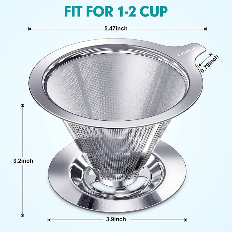 Laiyeoy Pour Over Coffee Dripper, Slow Drip Paperless Coffee Filter, Stainless Steel Pour Over Coffee Maker for Single Cup Brew, Double Mesh Design of Manual Reusable Cone Filter.