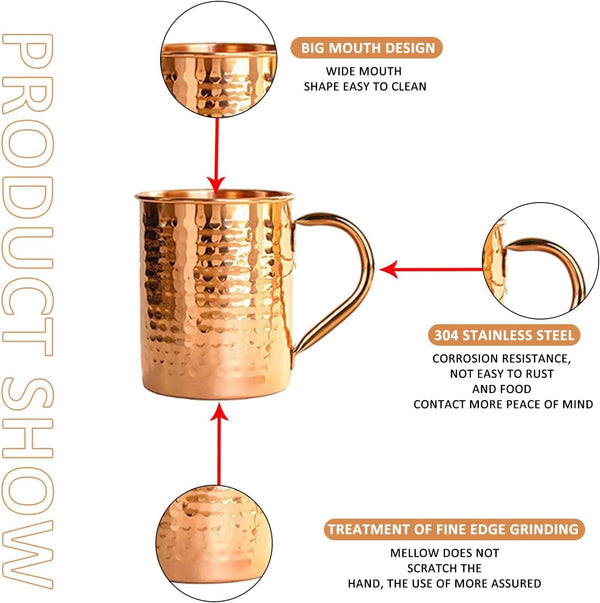 100% Copper Mug for Moscow Mule - 12oz Hammered Pure Copper Thick Straight Wall