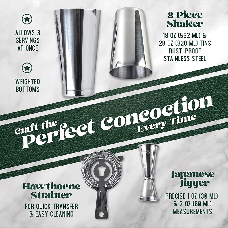 Mixology Cocktail Shaker Boston Shaker Set Professional Weighted Martini Shakers, Strainer and Japanese Jigger, Portable Bar Set for Drink Mixer Bartending, Exclusive Recipes Cards (Silver)