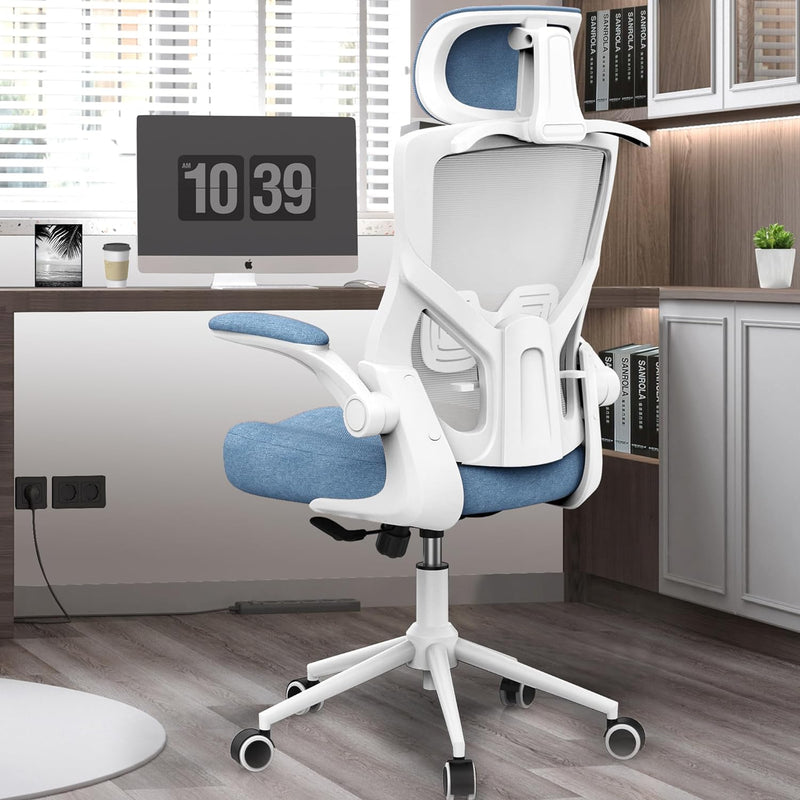 Ergonomic Office Chair, High Back Mesh Desk Chair with Thick Molded Foam Cushion, Coat Hanger, Adjustable Headrest, Lumbar Support, Tilt & Lock Function-Task Chair (Carolina Blue)