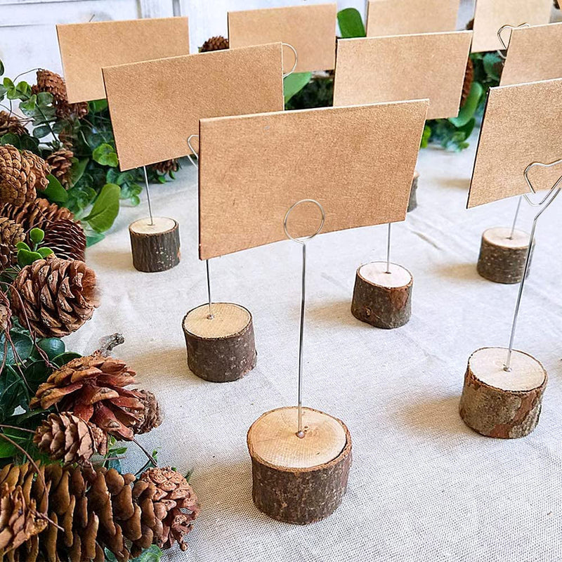 20 Pcs Rustic Wood Place Card Holders and 30 Pcs Kraft Place Cards, Wooden Table Number Holder Stand Photo Picture Note Clip Holders for Wedding Party Name Sign (2 Style)