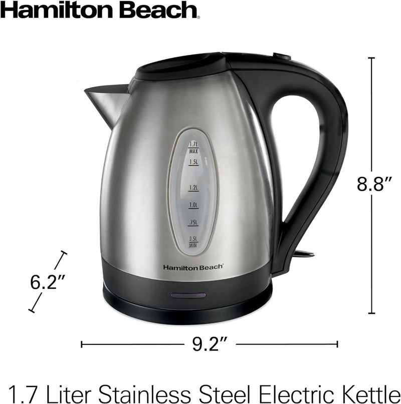 Hamilton Beach Electric Tea Kettle, Water Boiler & Heater, 1.7 Liter, Cordless Serving, 1500 Watts for Fast Boiling, Auto-Shutoff and Boil-Dry Protection, Stainless Steel (40880)