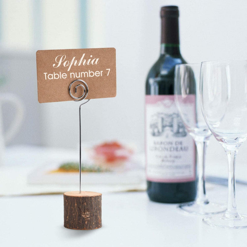 10Pcs Premium Wood Place Card Holders with Swirl Wire and 20 Pcs Kraft Place Cards, Rustic Wood Table Number Holders Stands, Name Cards Photo Holders for Wedding Party Sign Food Cards Label