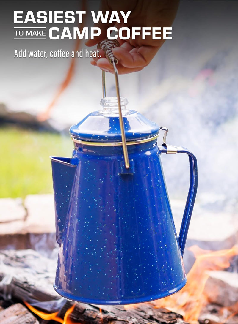 COLETTI Classic Enamel Camping Coffee Pot (Blue, 18 Cup) — Brew Bold Coffee for the Whole Campsite — A Brewmaster’s Best Gear for Great Coffee – XL Campfire Percolator