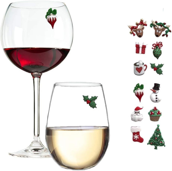 Christmas Holiday Magnetic Wine Glass Charms & Cocktail Markers Set of 12 - Great Christmas Hostess Gift or Stocking Stuffer