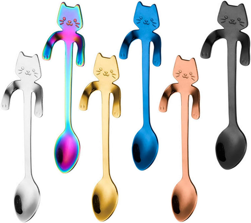 Cat Spoon Coffee Teaspoon, PBIEHSR Stainless Steel Hanging Cup Tea Spoon Two Different Lengths Dessert Scoop for Stirring Drink Mixing Milkshake Jam, Set of 6 (Multicolor)