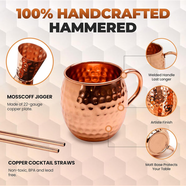 Moscow Mule Cups Set of 4 | 100% Pure Copper Food Safe 16oz Copper Cups with 4X Copper Straws and 1x Copper Jigger - Premium Moscow Mule Mugs