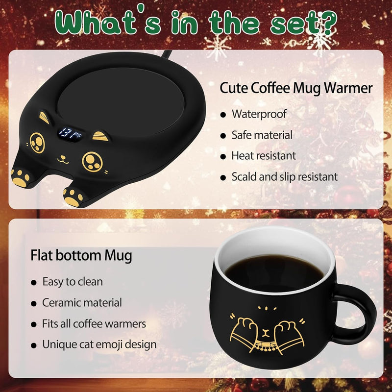 PUSEE Coffee Mug Warmer & Cute Cat Mug Set, Coffee Cup Warmer for Desk with Auto Shut Off, Beverage Warmer with 3 Temp Settings, Candle Warmer Coffee Warmer with Mug Set for Christmas & Birthday Gifts