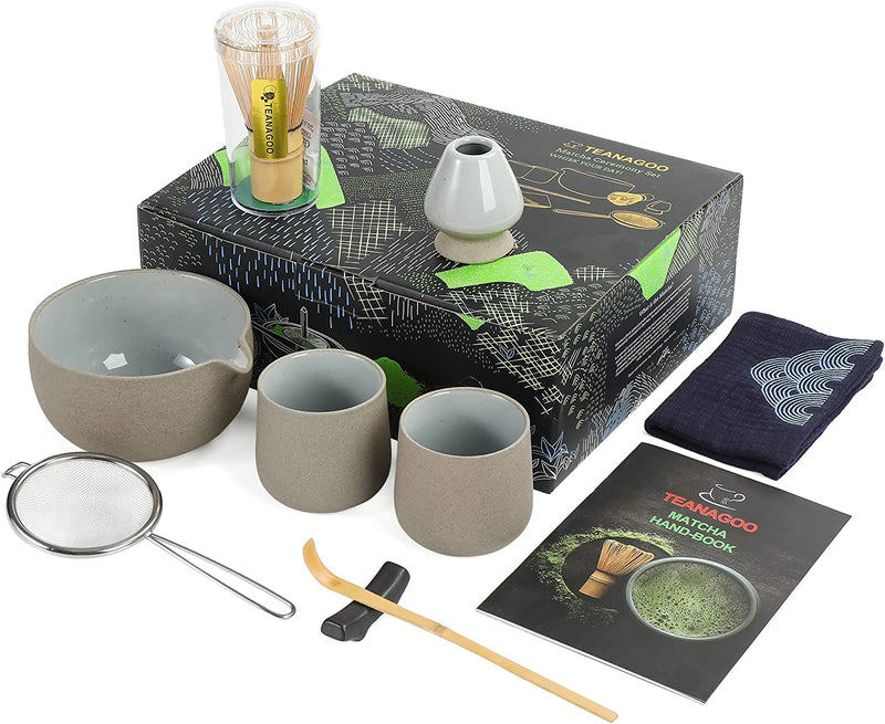 TEANAGOO Japanese Tea Set (7pcs) Matcha Whisk Set Matcha Bowl with Pouring Spout Bamboo Matcha Whisk (Chasen) Scoop (chashaku) Matcha Whisk Holder Tea Making Kit. N18,Orange, Matcha Green Tea Powder