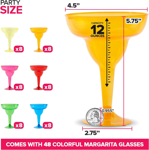 Stock Your Home Multicolor Plastic Margarita Glasses Disposable (Set of 48) Decorations for Cinco de Mayo Parties, Colorful Cocktail Cups for Tropical Party Supplies - Large 12 oz Hurricane Glasses