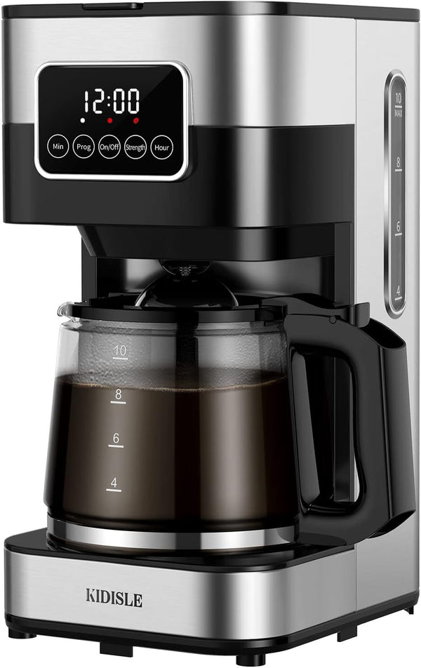 KIDISLE 10 Cup Programmable Coffee Maker 2.0, Drip Coffee Machine with Touch Screen, Glass Carafe, Reusable Filter, Warming Plate, Regular & Strong Brew for Home and Office, Stainless Steel