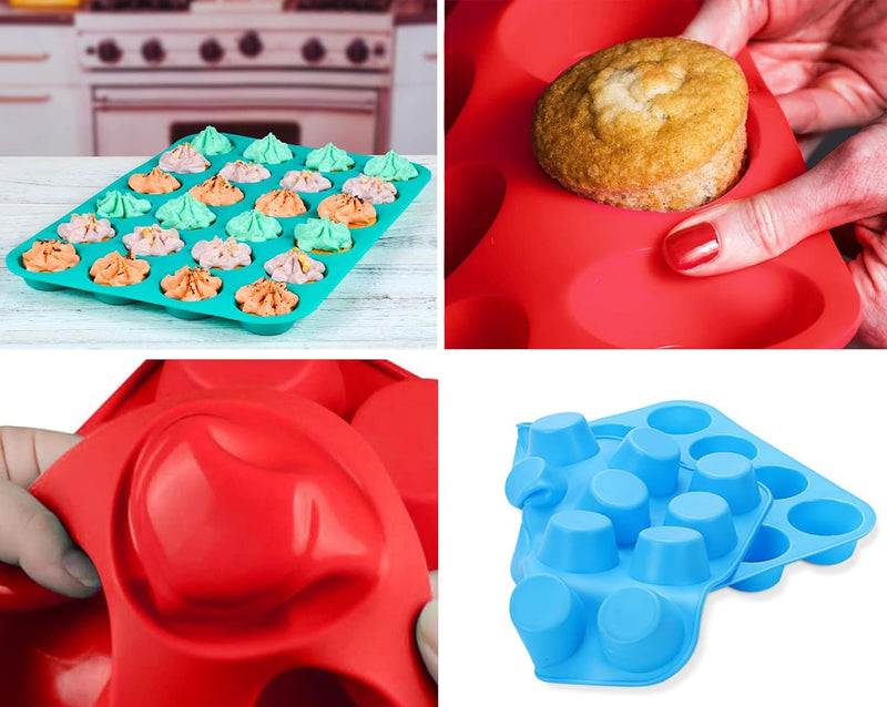 Mini Muffin &Cupcake Set, 24 Cups 2-Pieces, Nonstick Silicone Baking Pan, BPA Free and Dishwasher Safe, Great for Making Muffin Cakes, Tart, Bread (24 Cups Red,2 PCS)