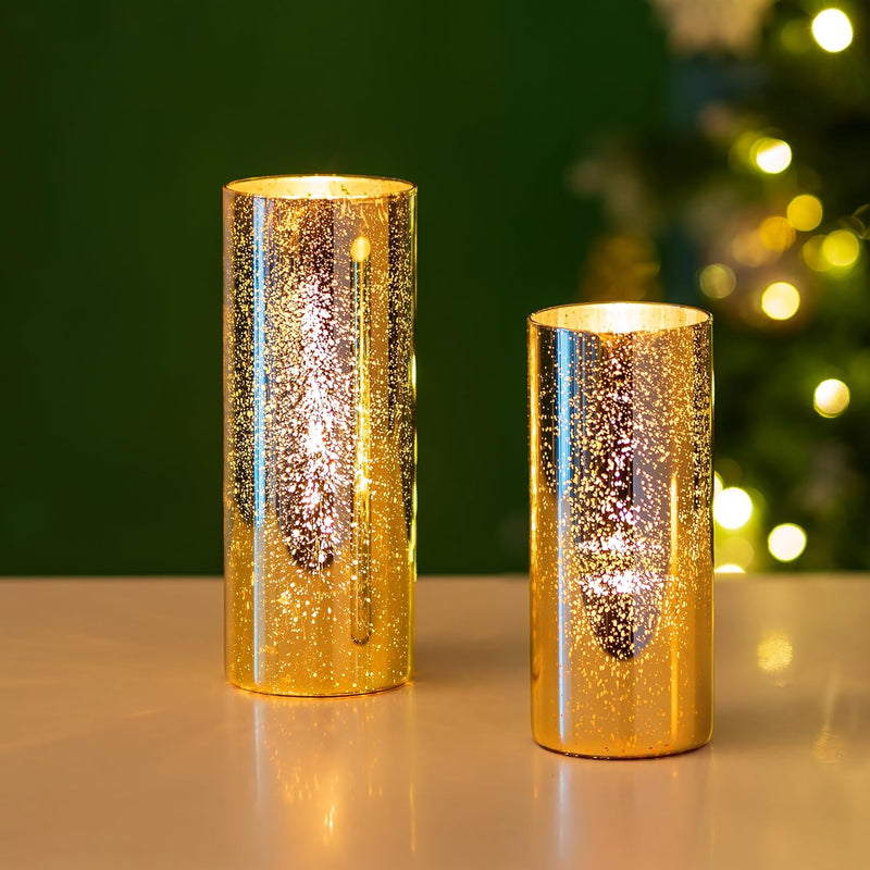 Glasseam Mercury Gold Candle Holders, Set of 6 Glass Hurricane Candle Holder, Glitter Pillar Candle Holder for Table, Modern Cylinder Vases for Centerpieces Wedding Dining Christmas Decorations