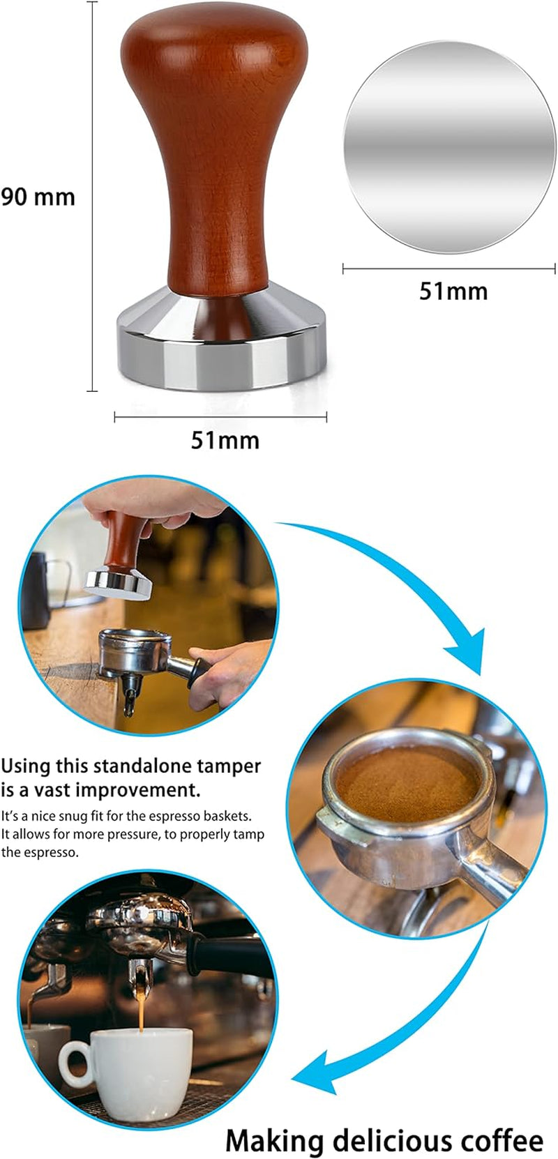 51mm Espresso Tamper-Premium Barista Coffee Tamper Coffee Tamper Classic Series Stainless Steel Espresso Tamper Coffee Press Tool Tamper Espresso Handle, 90x51mm, Solid wood, Stainless steel