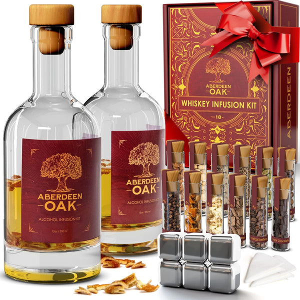 Aberdeen Oak Whiskey Infusion Kit - Craft Your Personalized Whiskey Flavor with 9 Botanicals & 3 Wood Chip Types - Makes a Fun Gift for Men, Husband, and Whiskey Enthusiasts