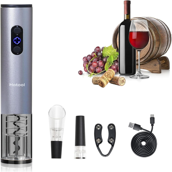 Electric Wine Bottle Opener Automatic Wine Opener Rechargeable Electric Corkscrew with Wine Aerator,Foil Cutter,Wine Stopper,USB-C Charge Cable, Wine Gifts For Women Wine Lovers(Silver)