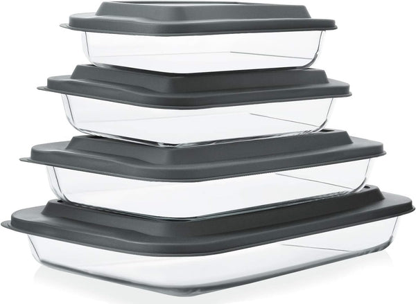 8-Piece Deep Glass Baking Dish Set with Plastic lids,Rectangular Glass Bakeware Set with Lids, Baking Pans for Lasagna, Leftovers, Cooking, Kitchen, Freezer-to-Oven and Dishwasher, Gray