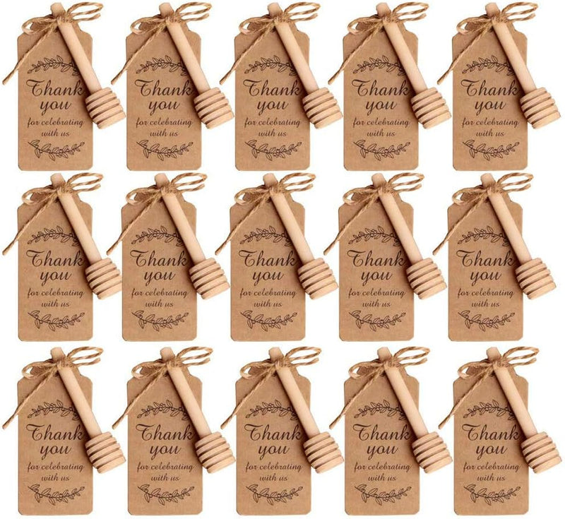 Amajoy 50PCS Small Wood Honey Dipper Sticks with Thank You Escort Card and Twine Server for Honey Jar Dispense Drizzle Honey Wedding Party Favor Baby Shower