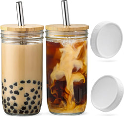 [ 4 Pack ] Glass Cups Set - 24oz Mason Jar Drinking Glasses w Bamboo Lids & Straws 2 Airtight Cute Reusable Boba Bottle, Iced Coffee Glasses, Travel Tumbler for Bubble Tea, smoothie, Juice