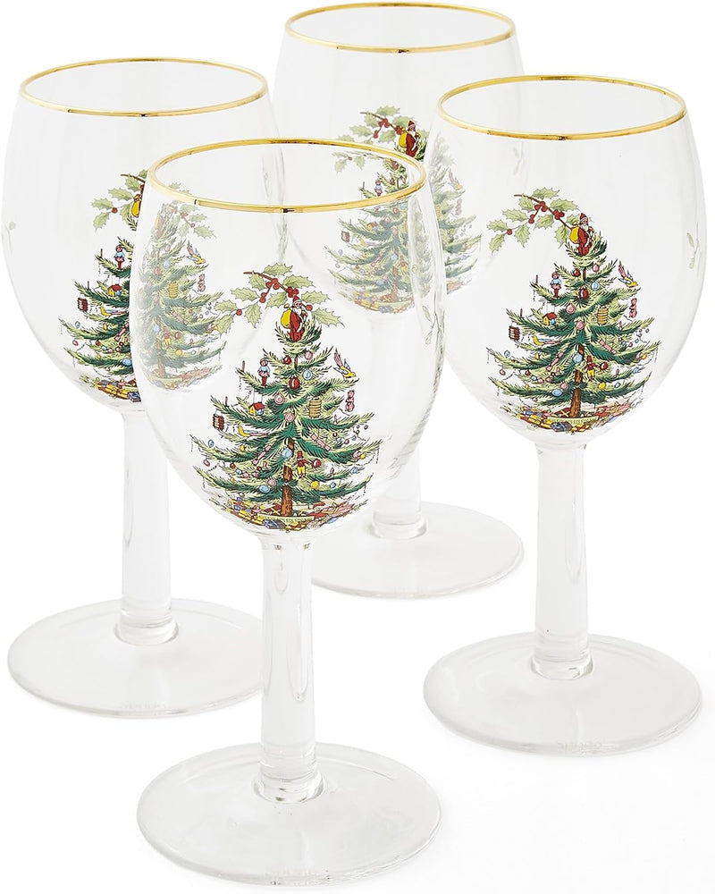 Spode Christmas Tree Glassware - Set of 4 -Made of Glass – Gold Rim- Classic Drinkware - Gift for Christmas, Holidays, or Wedding - Drinking Glasses (Highballs)