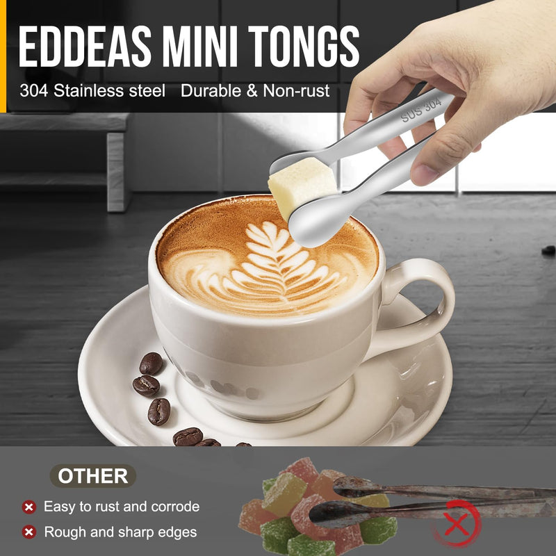 Eddeas Mini Tongs For Serving Food，Set fo 12 Small Tongs For Appetizers，Small Stainless Steel Metal Cooking Tongs，for Tea Party Coffee Bar, 4 inch Sugar Tongs - Silver