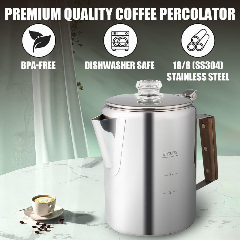 APOXCON Multi Use Coffee Percolator With Two Glass Knobs, Stainless Steel Coffee Pot for Indoor Induction Cooktop, Electric Stove, Outdoor Campfire Stovetop 9 Cup