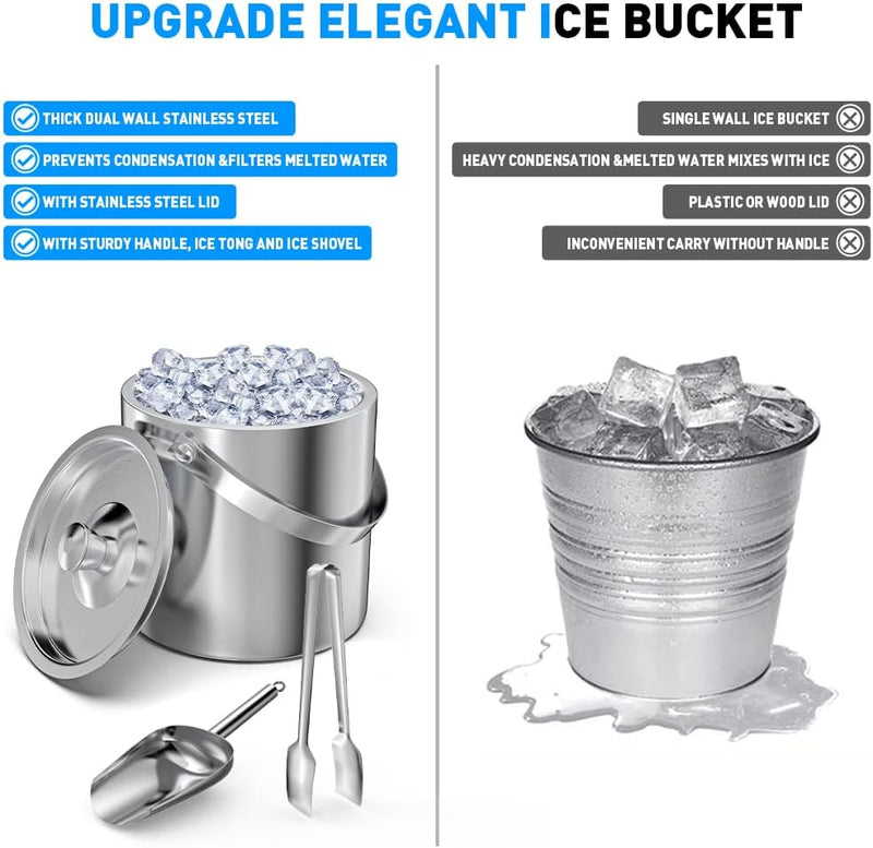 Ice Bucket 2L with Lid,Scoop,Tongs, Small Double Wall Insulated Stainless Steel Ice Bucket Wine Bucket for Cocktail Bar and Parties