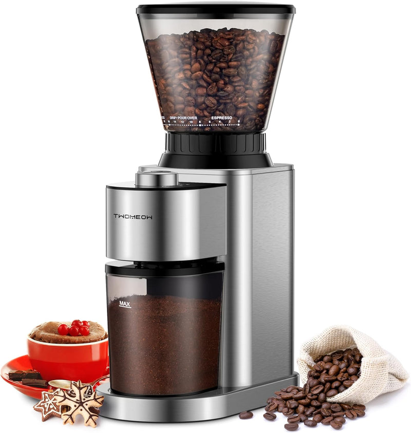 TWOMEOW Conical Burr Coffee Grinder, Stainless Steel Coffee Grinder Electric with 15 Precise Grind Settings for Espresso/Pour Over/Moka Pot/French Press/Cold Brew, Compact Design