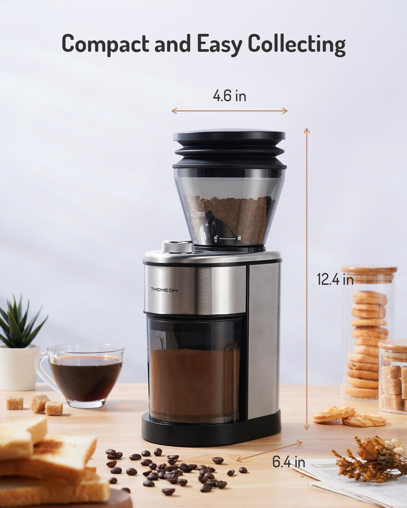 TWOMEOW Conical Burr Coffee Grinder, Stainless Steel Coffee Grinder Electric with 15 Precise Grind Settings for Espresso/Pour Over/Moka Pot/French Press/Cold Brew, Compact Design