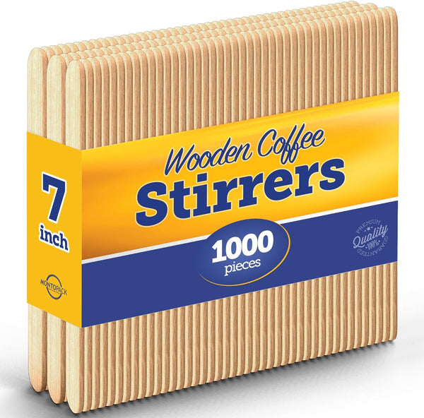 MontoPack Wooden Coffee Stirrers | Bulk Pack of 1000 7" Disposable Wood Stir Sticks for Hot or Cold, Beverages & Cocktails | Round Edges, Splinter-free & Food safe, Ideal for Popsicles and Crafts