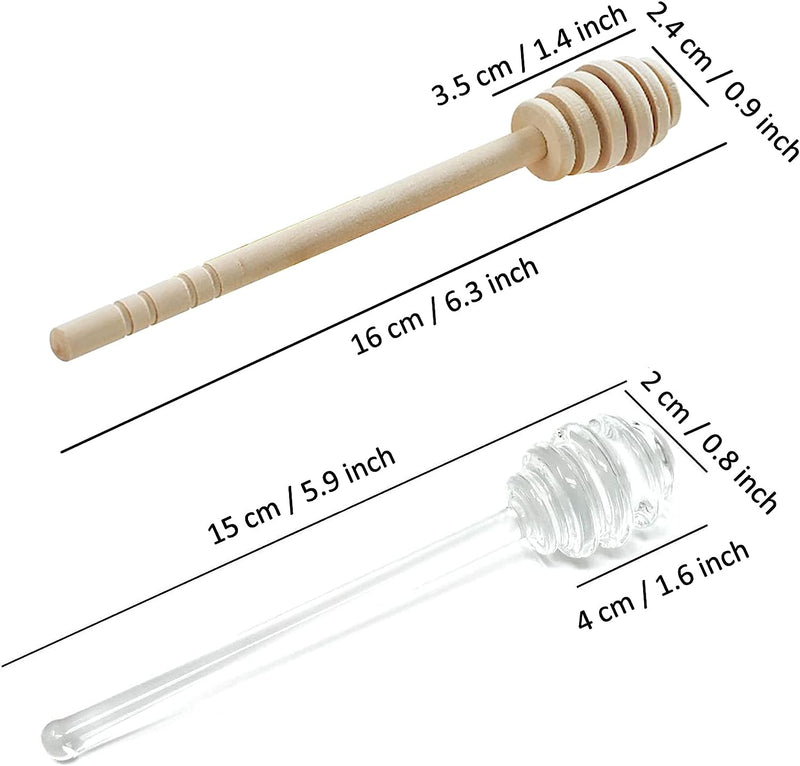 2 Pcs Honey Dipper Sticks - Wooden and Glass Honey Dipper, 6 inch Honeycomb Stick, Honey Stirrer Stick for Honey Jar Dispense Drizzle Honey, Wedding Party Favors