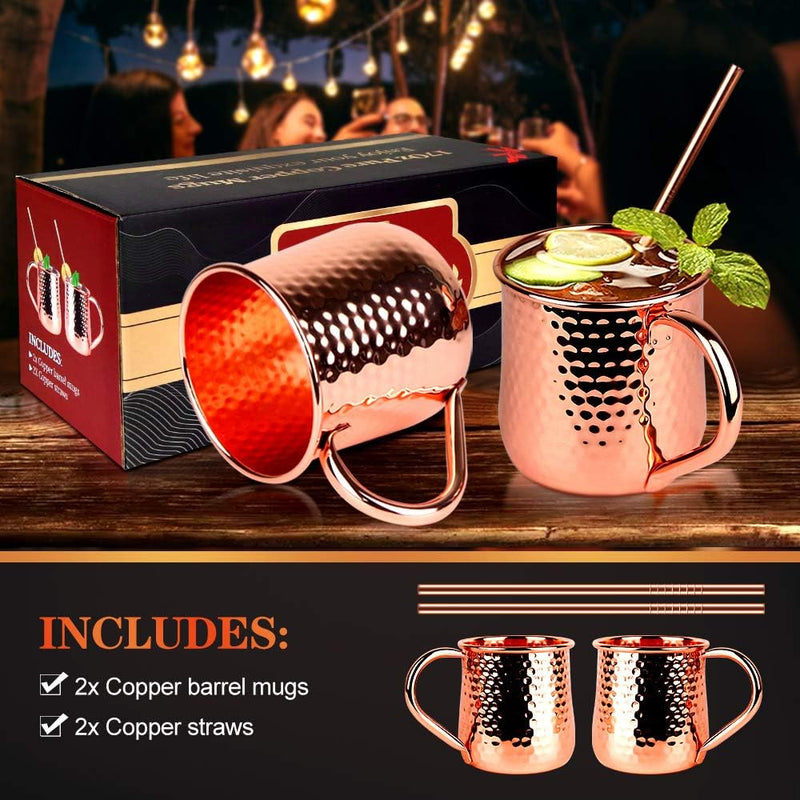 Moscow Mule Copper Mugs - Set of 2, Gift Box, 17Oz Traditional Design Handcrafted Cocktail Copper Cups, Food Safe 100% Authentic Pure Solid Copper Mug Set with Brass Handle & Copper Straws (Copper, 2)