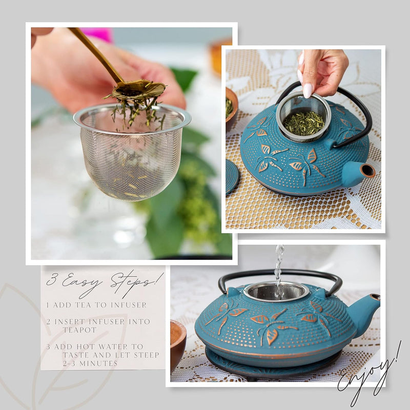 KIYOSHI Luxury 7PC Japanese Tea Set. "Blue Butterfly" Cast Iron Tea Pot with 2 Tea Cups, 2 Saucers, Loose Leaf Tea Infuser and Teapot Trivet. Ceremonial Matcha Accessories