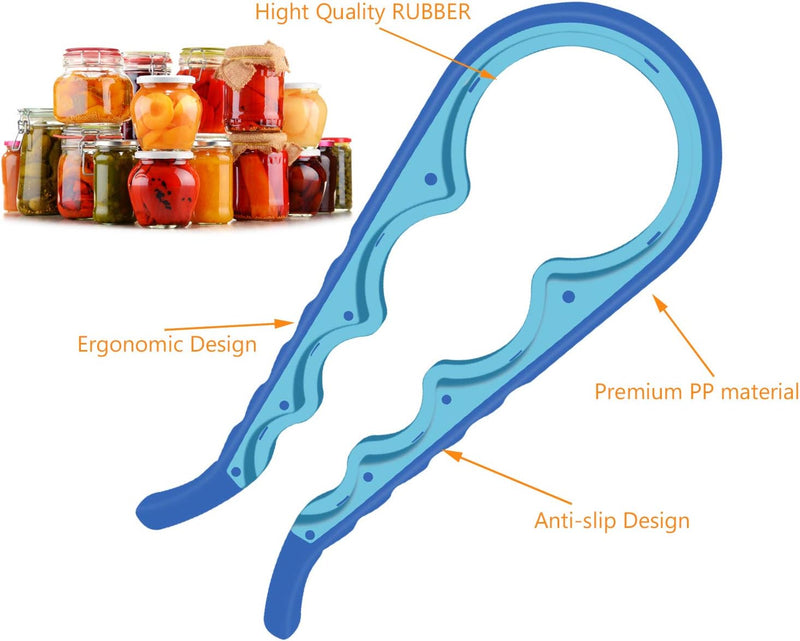 Jar Opener, 5 in 1 Multi Function Can Opener Bottle Opener Kit with Silicone Handle Easy to Use for Children, Elderly and Arthritis Sufferers (Blue)