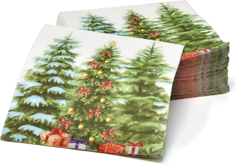 100 Christmas Tree Cocktail Beverage Napkins Disposable Paper Decorative Elegant Xmas Green Trees with Ornaments Dessert Dinner Hand Napkin for Winter Holiday Wedding Party Supplies Tableware Decor