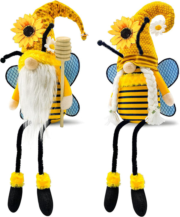 Lovinland Bumble Bee Gnomes with Dangling Leg, Spring Summer Sunflower Honey Bee Gnomes with Honey Dipper for Home Kitchen Shelf World Bee Day Decorations