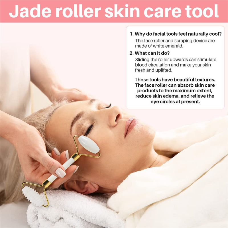 shenghang Jade Roller for Face and Gua Sha Set Face Roller,Facial Beauty Roller Skin Care Tools Massager for Face, Eyes,Forehead Neck, Body Muscle， Relaxing and Relieve Fine Lines and Wrinkles(White)