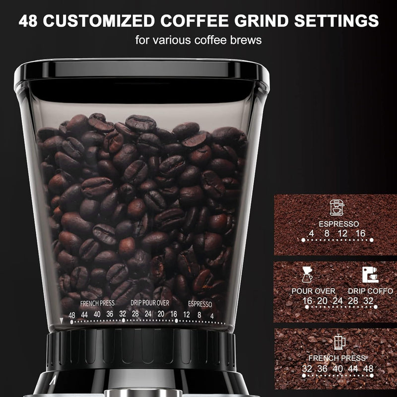 binROC Conical Burr Coffee Grinder with 48 Grind Settings, Anti-static Adjustable Electric Coffee Bean Grinder for 2-12 Cups (Premium Stainless Steel)