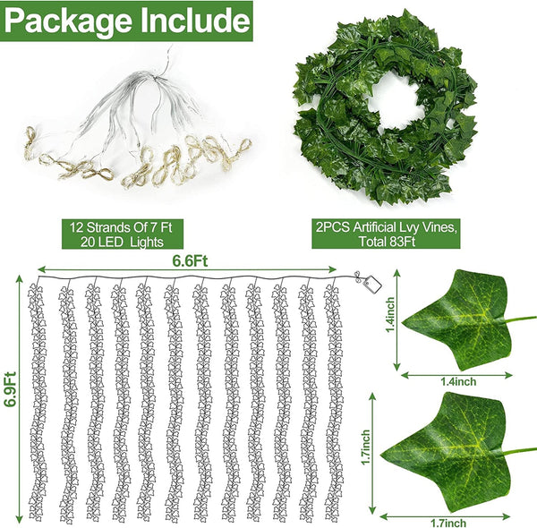 12 Pack Artificial Ivy Garland with 240 LED Lights - Battery Operated 8 Modes and Timer