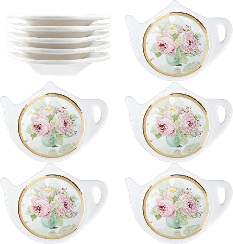SOCOSY Vintage Flower Porcelain Tea Bag Holder Teapot Shaped Tea Bag Coaster, Little Spoon Rest Tea Accessories Resting Caddy Seasoning Dish for Sauce Dessert, 4 Inch-Roses-5 PCS